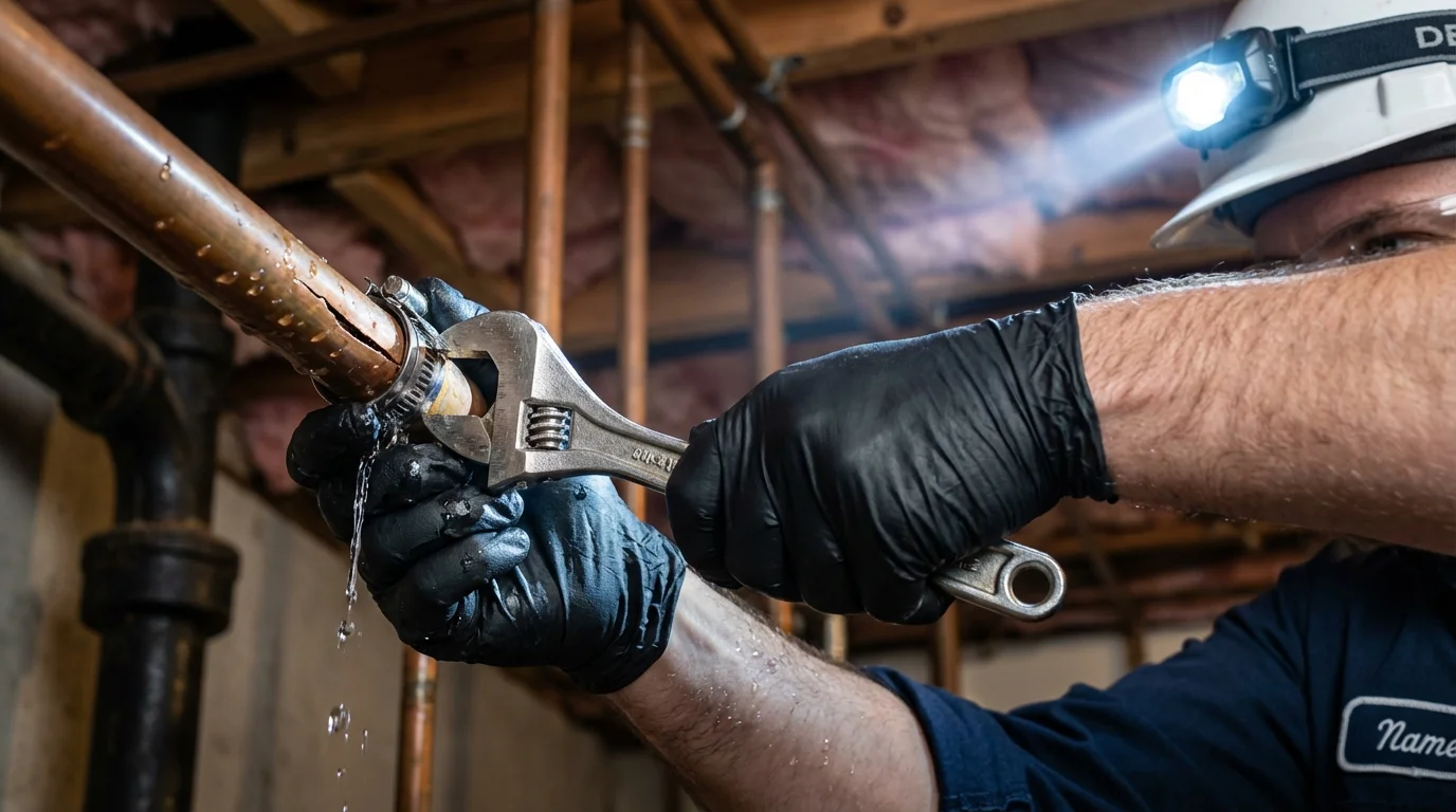 Emergency pipe clamp repair being performed by a Johns Plumbing LLC plumber in West Alexandria