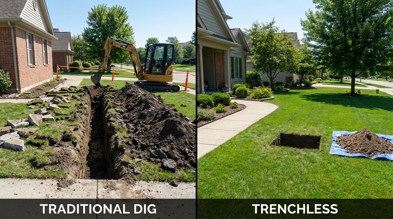 Trenchless sewer repair with minimal yard damage versus traditional excavation in West Alexandria, OH