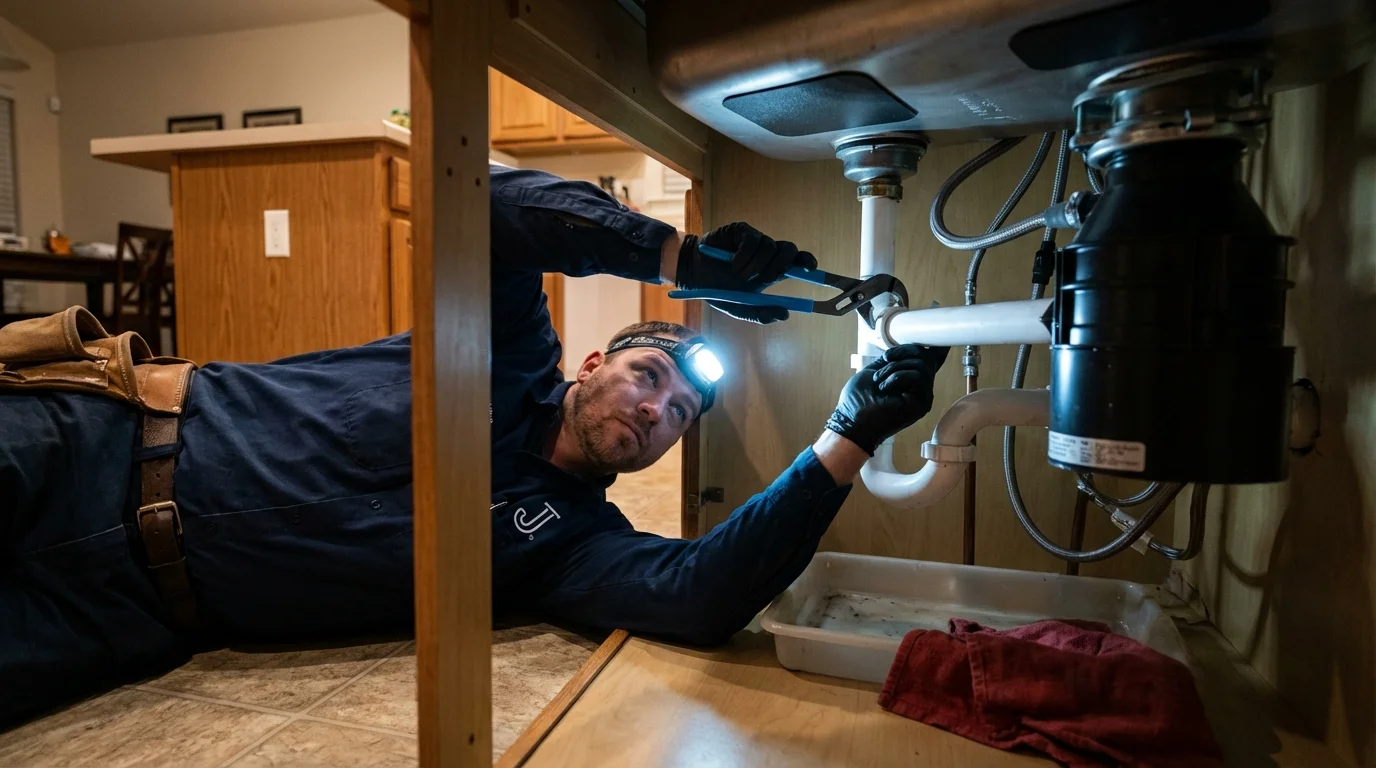 P-trap and supply line connections under a kitchen sink showing a common leak point in West Alexandria, OH